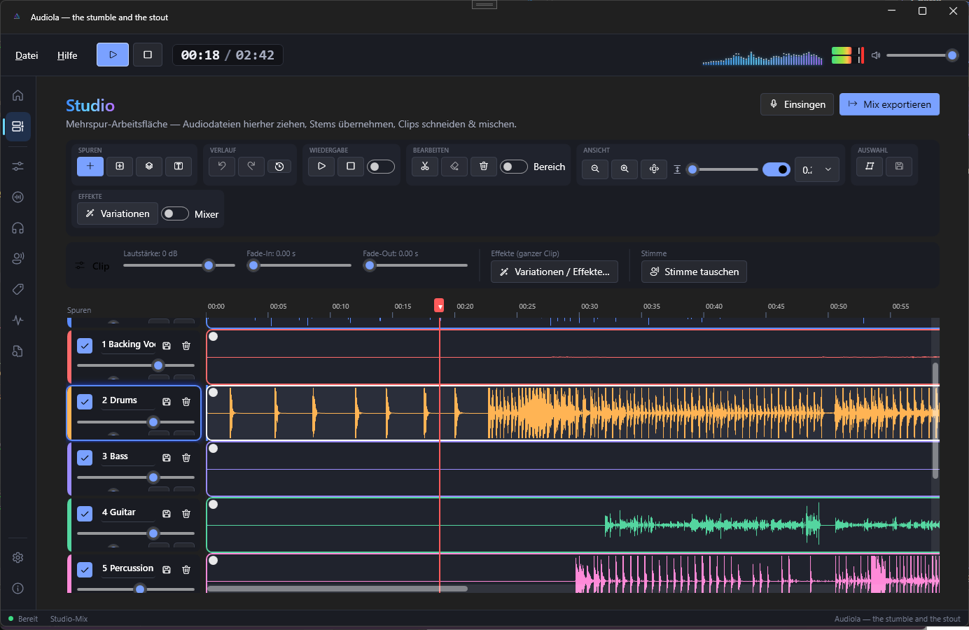 Das Audiola-Studio: Mehrspur-Timeline mit farbigen Wellenformen